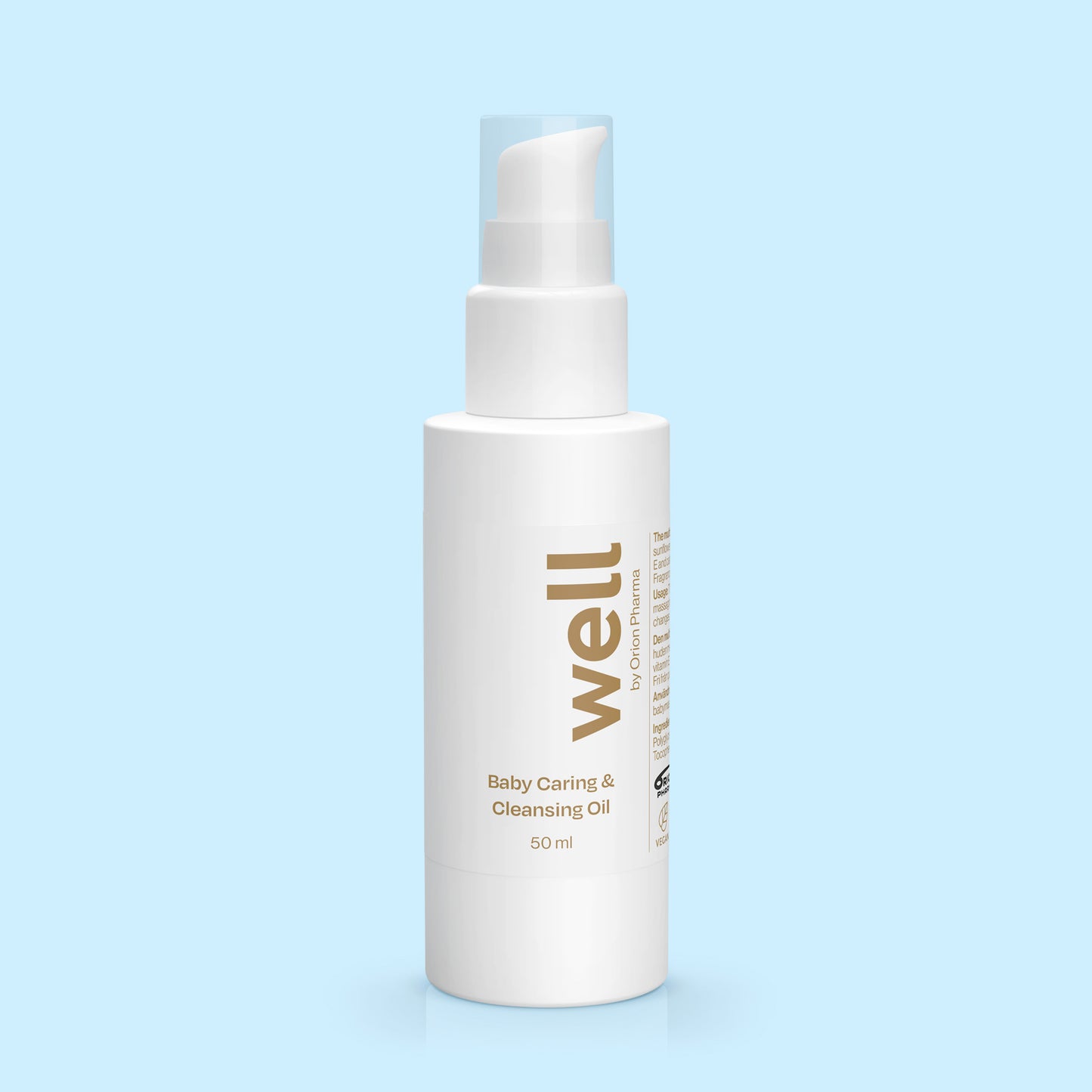 Well by Orion Pharma Baby Caring & Cleansing Oil. Vegan, fragrance-free, and colorant-free.