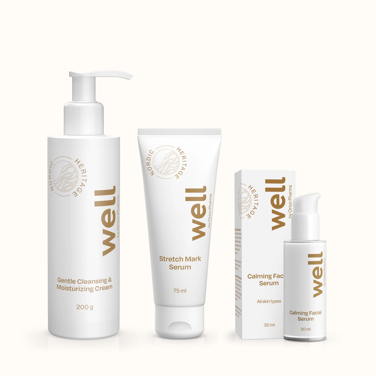 Well by Orion Pharma Mama Bundle including Calming Facial Serum 30 ml, Gentle Cleansing & Moisturizing Cream 200 g and Stretch Mark Serum 75 ml