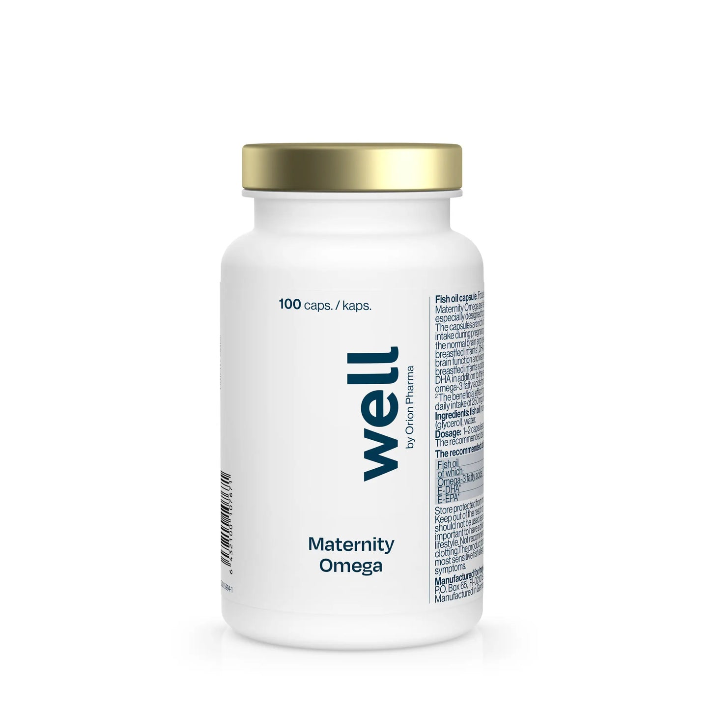 White supplement bottle with gold cap labeled 'well Maternity Omega' on a white background