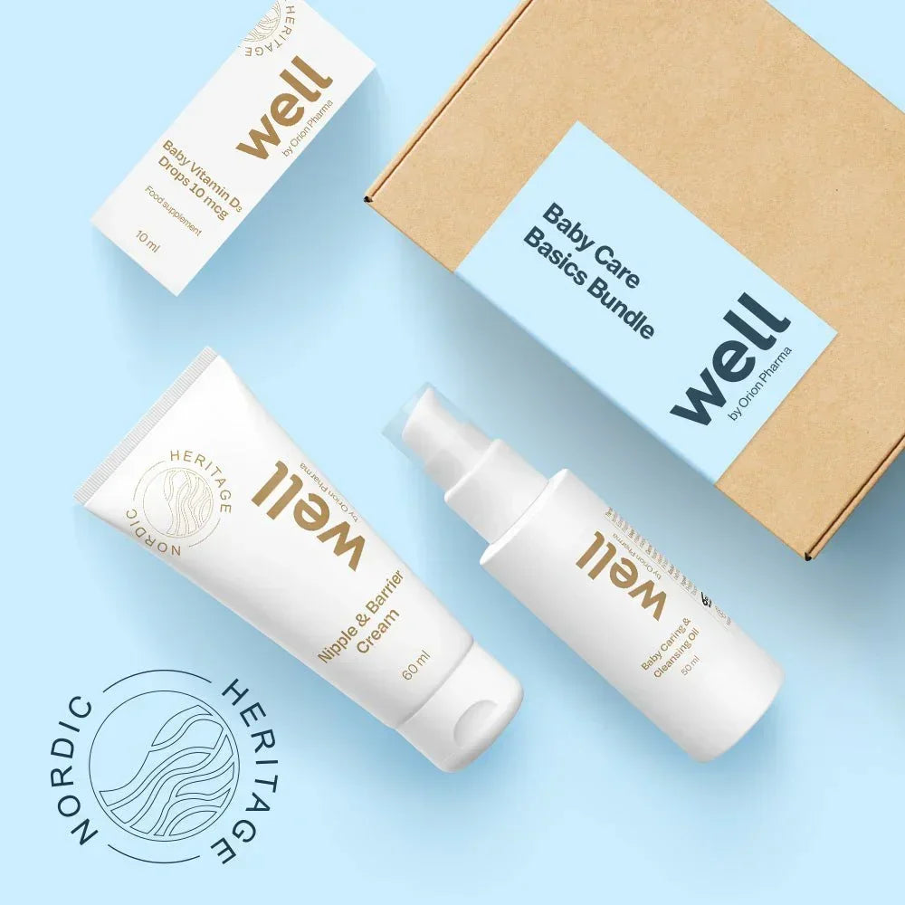Well by Orion Pharma Baby Care Basics Bundle including Baby Vitamin D3 Drops 10 mcg, Baby Caring & Cleansing Oil 50 ml and Nipple & Barrier Cream 60 ml.