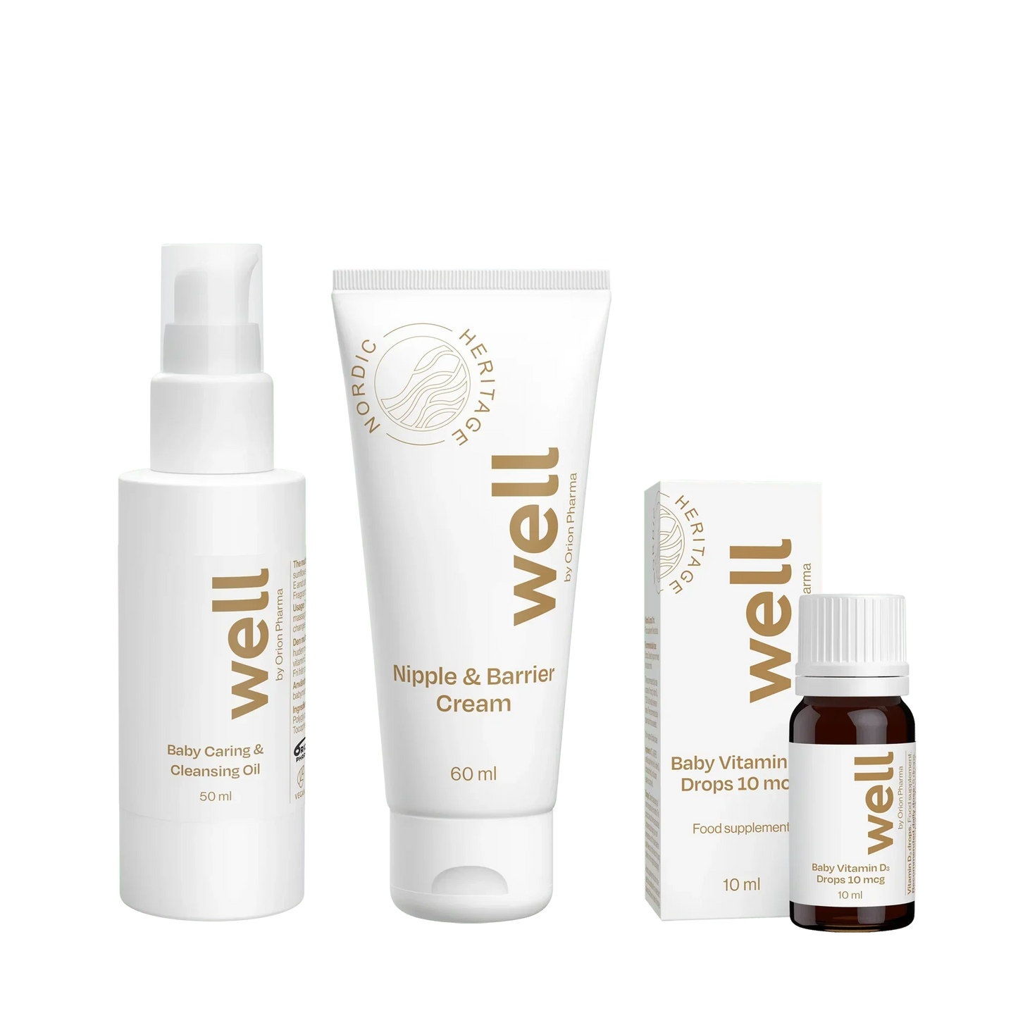 Well by Orion Pharma Baby Care Basics-paket innehållande Baby Vitamin D3 Drops 10 mcg, Baby Caring & Cleansing Oil 50 ml och Nipple & Barrier Cream 60 ml.