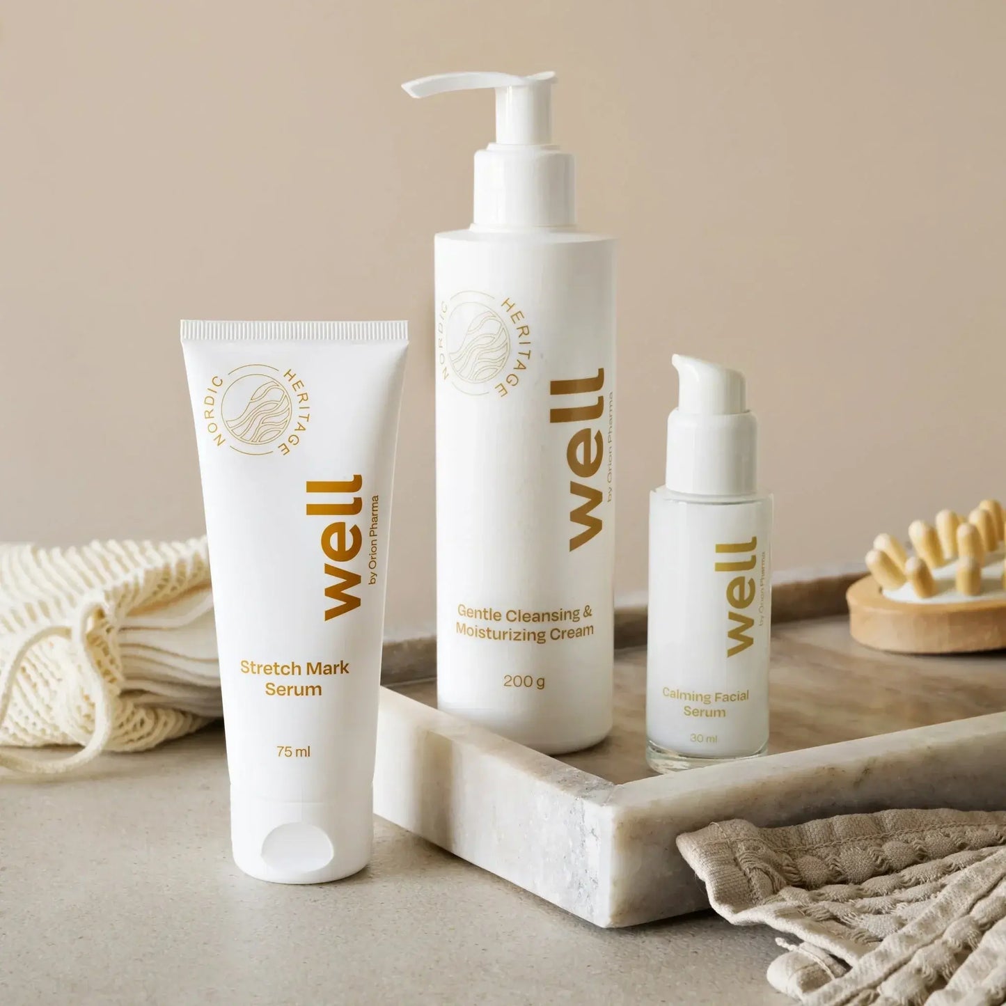 Well by Orion Pharma Mama Bundle including Calming Facial Serum 30 ml, Gentle Cleansing & Moisturizing Cream 200 g and Stretch Mark Serum 75 ml