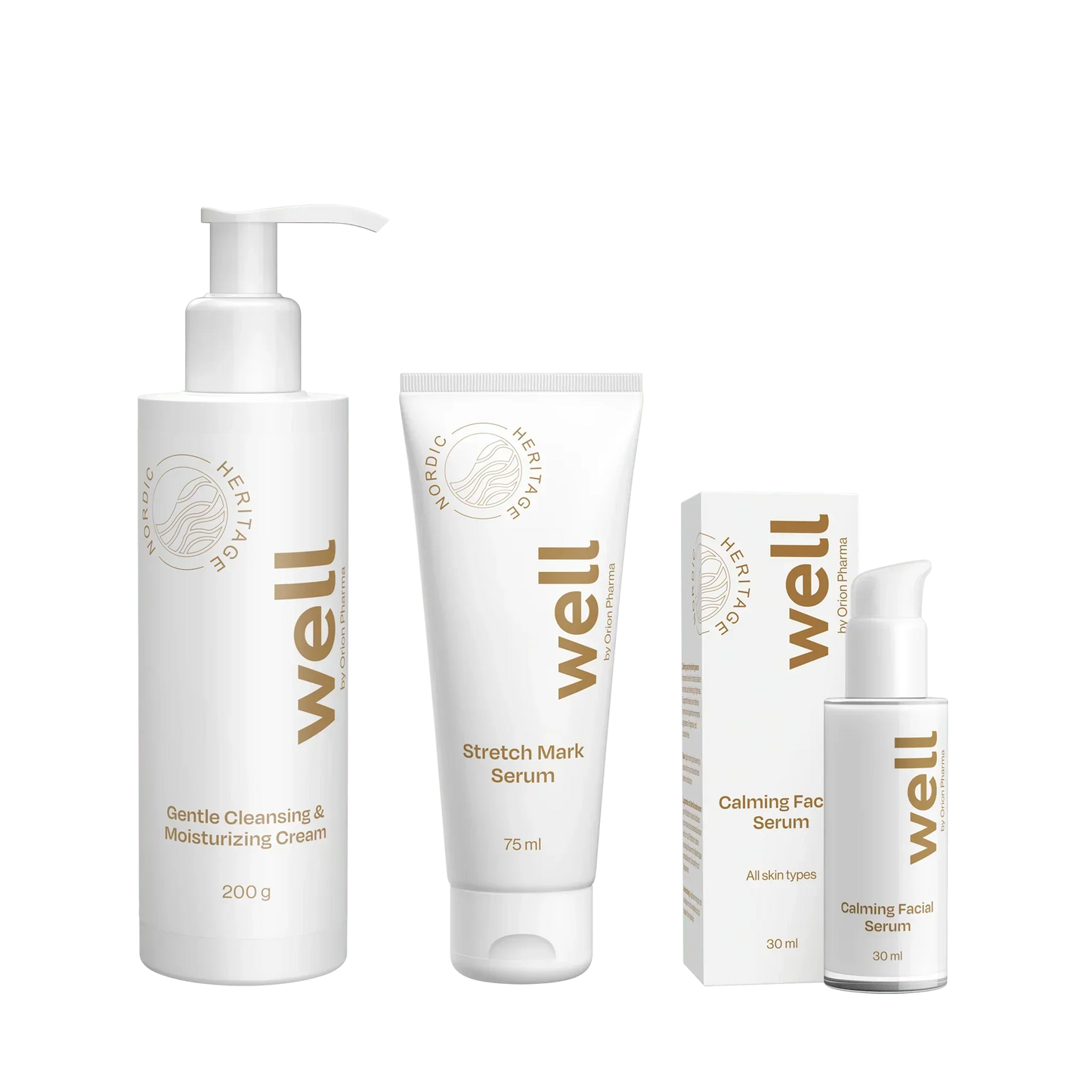 Well by Orion Pharma Mama Bundle innehåller Calming Facial Serum 30 ml, Gentle Cleansing & Moisturizing Cream 200 g och Stretch Mark Serum 75 ml