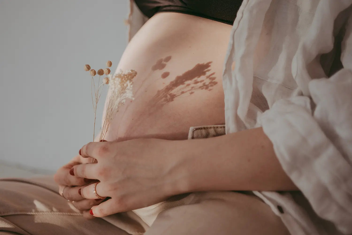 Close-up of a pregnant belly with hands gently holding it, surrounded by dried plants.