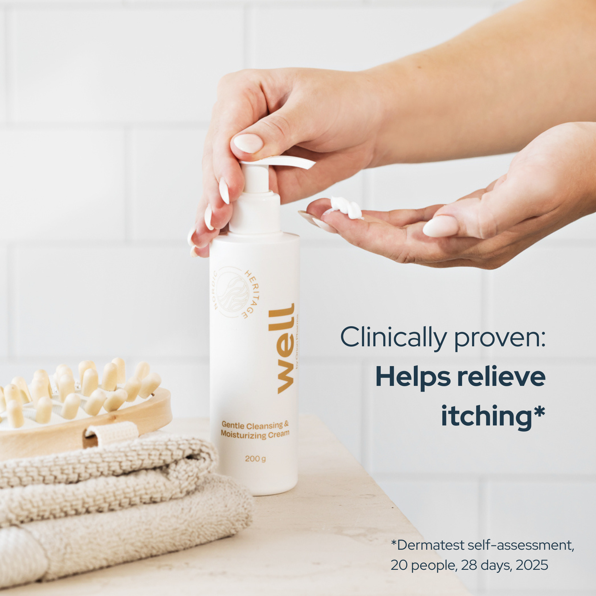 Person applying cream from a Well by Orion Pharma Gentle Cleansing & Moisturizing Cream bottle on a neutral background