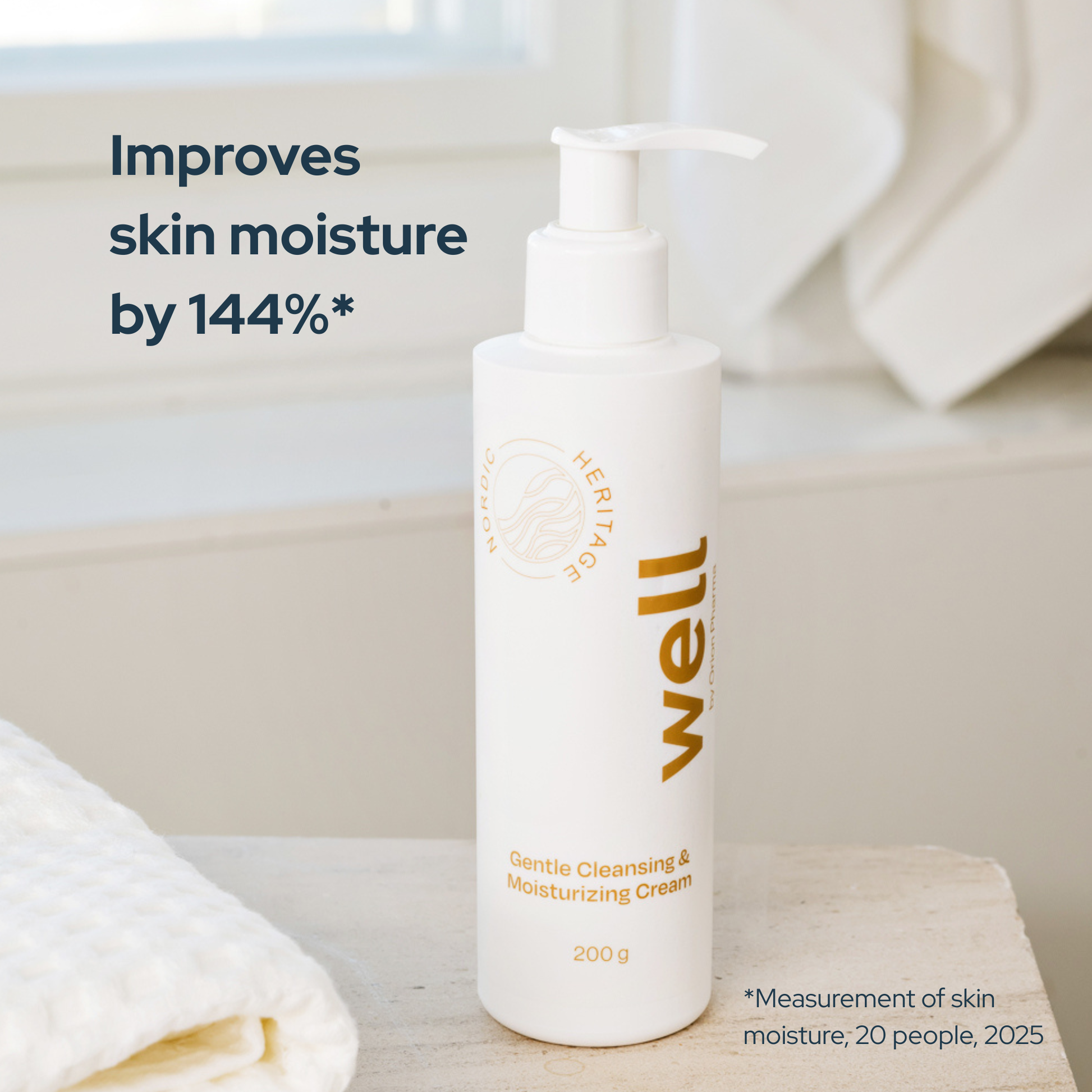 White bottle of Gentle Cleansing & Moisturizing Cream cleansing cream on a bathroom counter with text about skin moisture improvement.