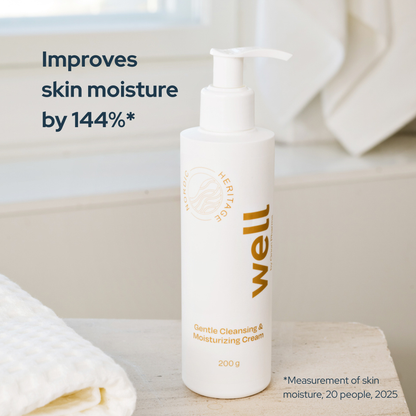 White bottle of Gentle Cleansing & Moisturizing Cream cleansing cream on a bathroom counter with text about skin moisture improvement.