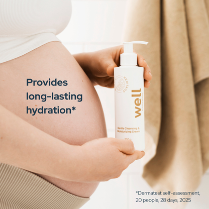 Person holding a bottle of Well by Orion Pharma skincare product with text about long-lasting hydration.