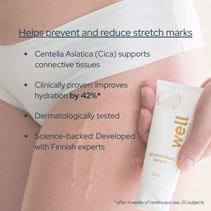 Well stretch mark serum with text on benefits and features