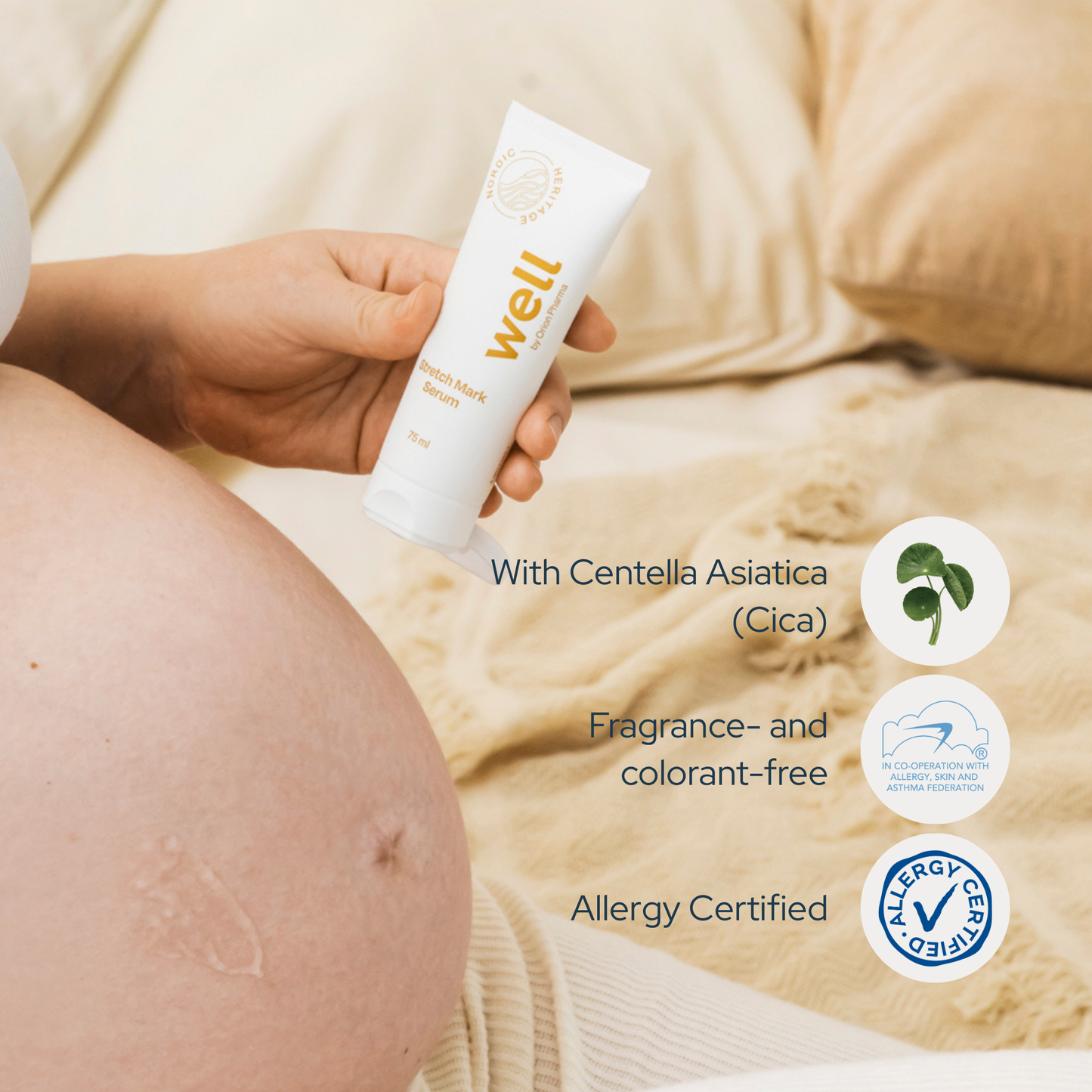 Stretch mark seum includes Centella Asiatica (Cica). It's fragrance- and colorant-free, and Allergy Certified
