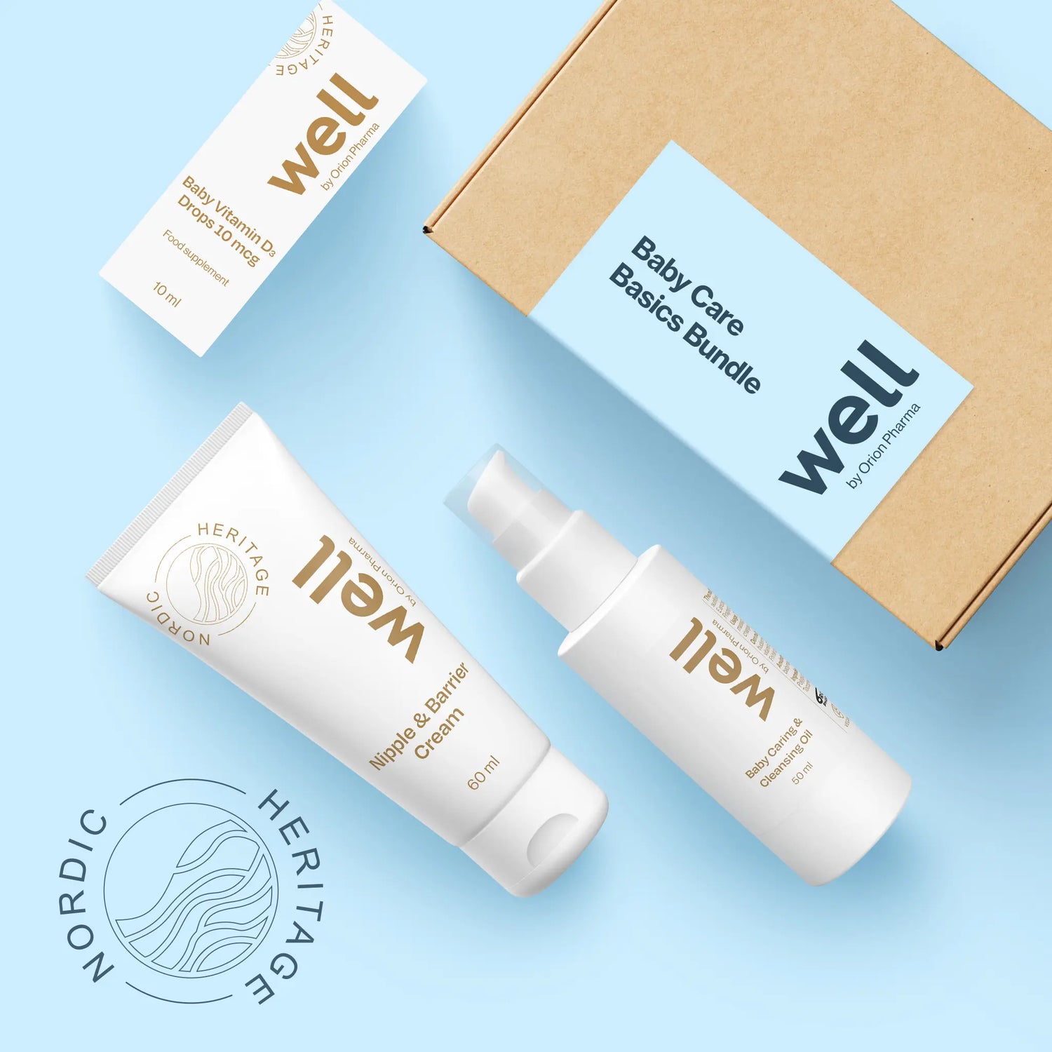 Well by Orion Pharma Baby Care Basics Bundle including Baby Vitamin D3 Drops 10 mcg, Baby Caring & Cleansing Oil 50 ml and Nipple & Barrier Cream 60 ml. 
