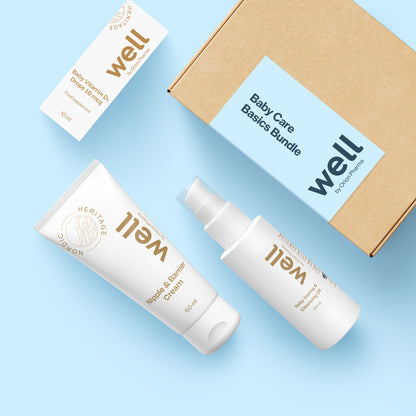 Well by Orion Pharma Baby Care Basics Bundle including Baby Vitamin D3 Drops 10 mcg, Baby Caring & Cleansing Oil 50 ml and Nipple & Barrier Cream 60 ml. 