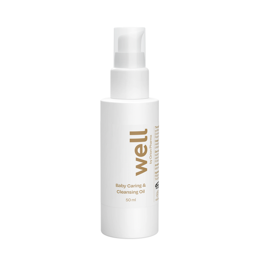 Well by Orion Pharma Baby Caring & Cleansing Oil. Vegan, fragrance-free, and colorant-free.