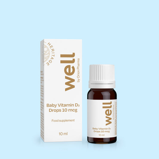 Well by Orion Pharma Baby Vitamin D3 Drops 10 mcg food supplement. 
