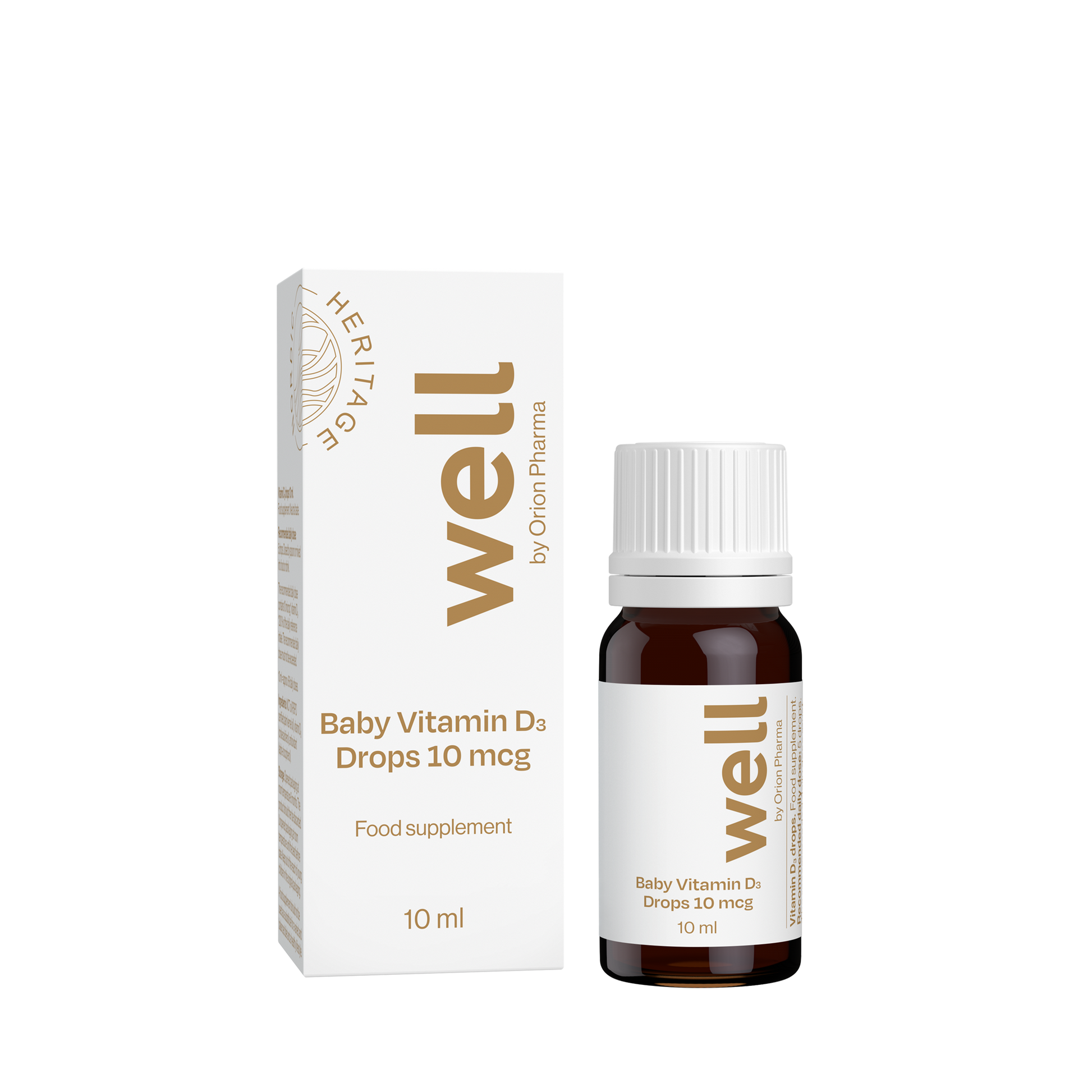 Well by Orion Pharma Baby Vitamin D3 Drops 10 mcg food supplement. 