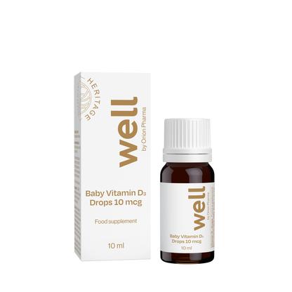 Well by Orion Pharma Baby Vitamin D3 Drops 10 mcg food supplement. 