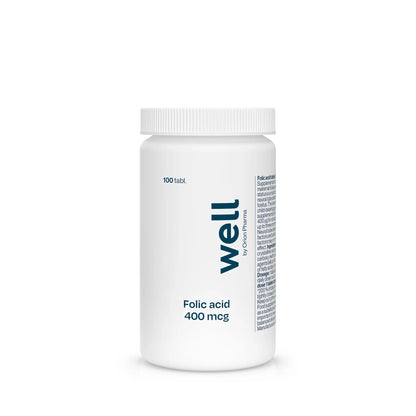 White supplement bottle labeled 'well' with folic acid content on a white background