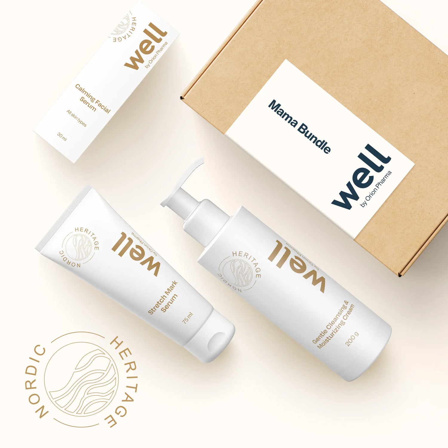Well by Orion Pharma Mama Bundle including Calming Facial Serum 30 ml, Gentle Cleansing & Moisturizing Cream 200 g and Stretch Mark Serum 75 ml