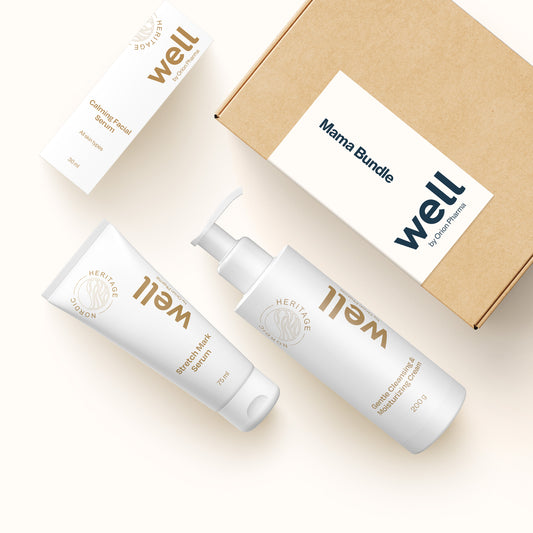 Well by Orion Pharma Mama Bundle including Calming Facial Serum 30 ml, Gentle Cleansing & Moisturizing Cream 200 g and Stretch Mark Serum 75 ml