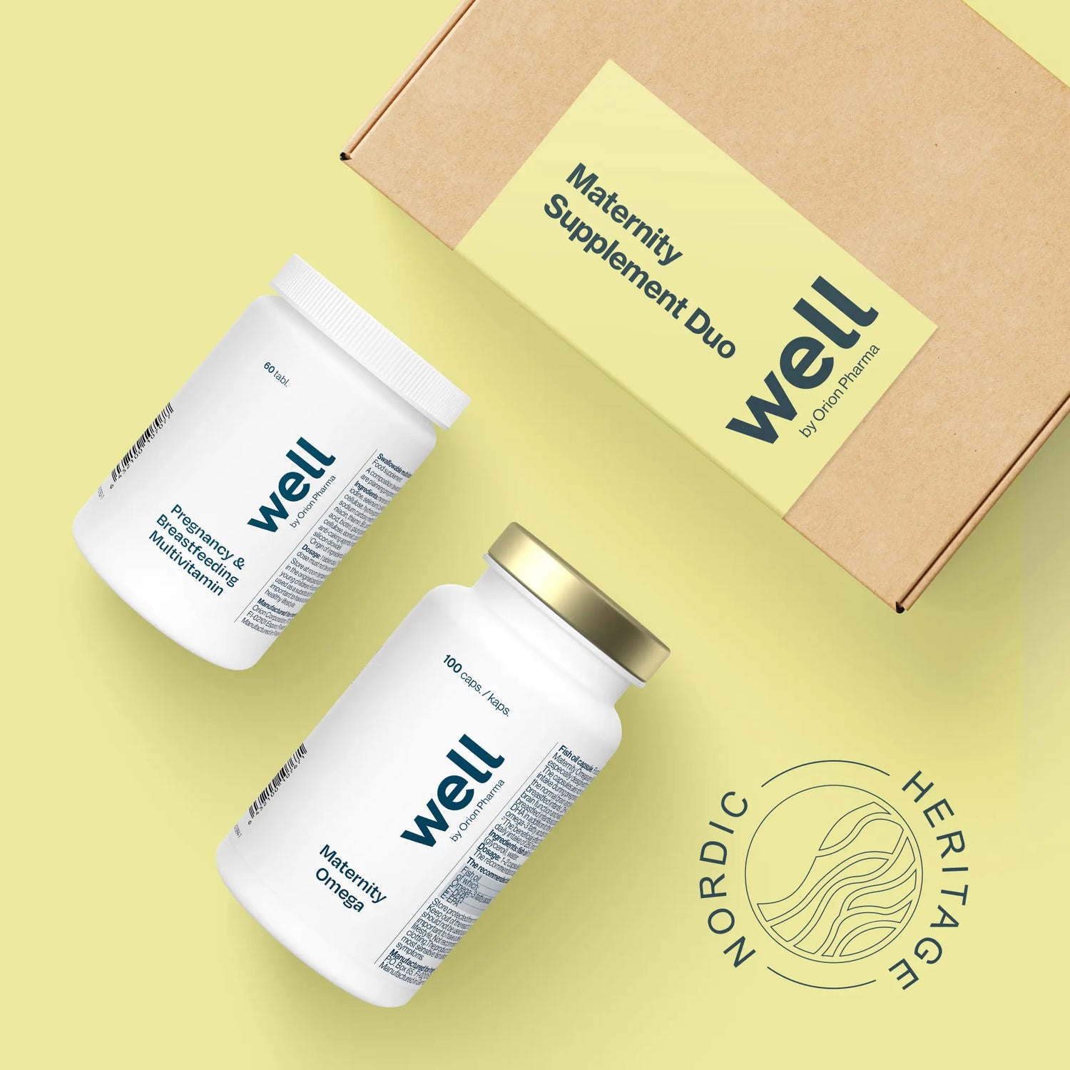 Two supplement jars labeled 'well' on a yellow background with a cardboard box.
