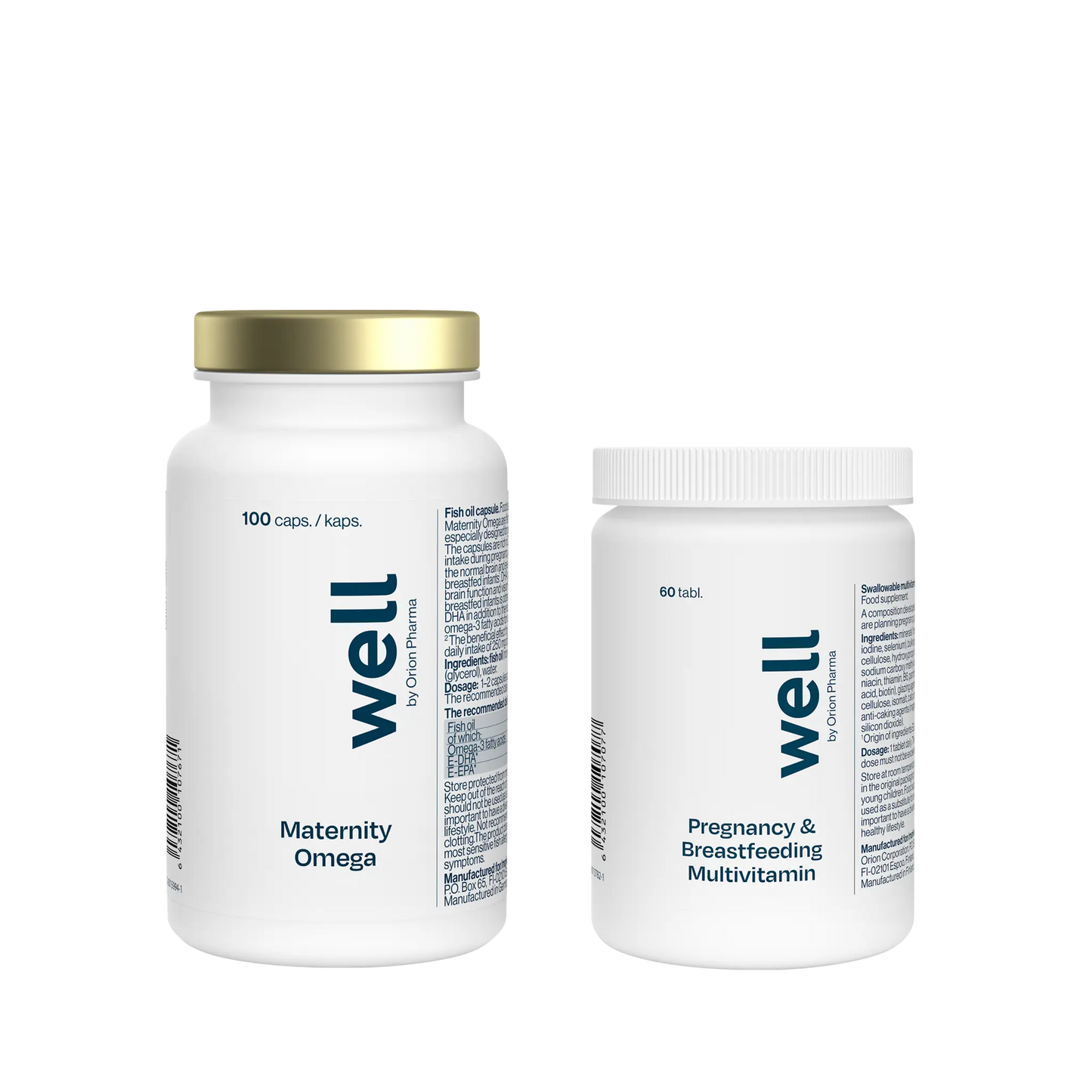 Two supplement bottles labeled 'well' on a white background