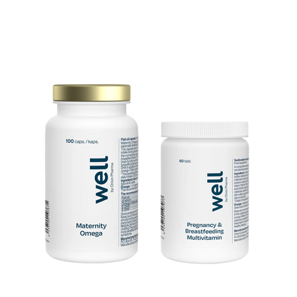 Two supplement bottles labeled 'well' on a white background