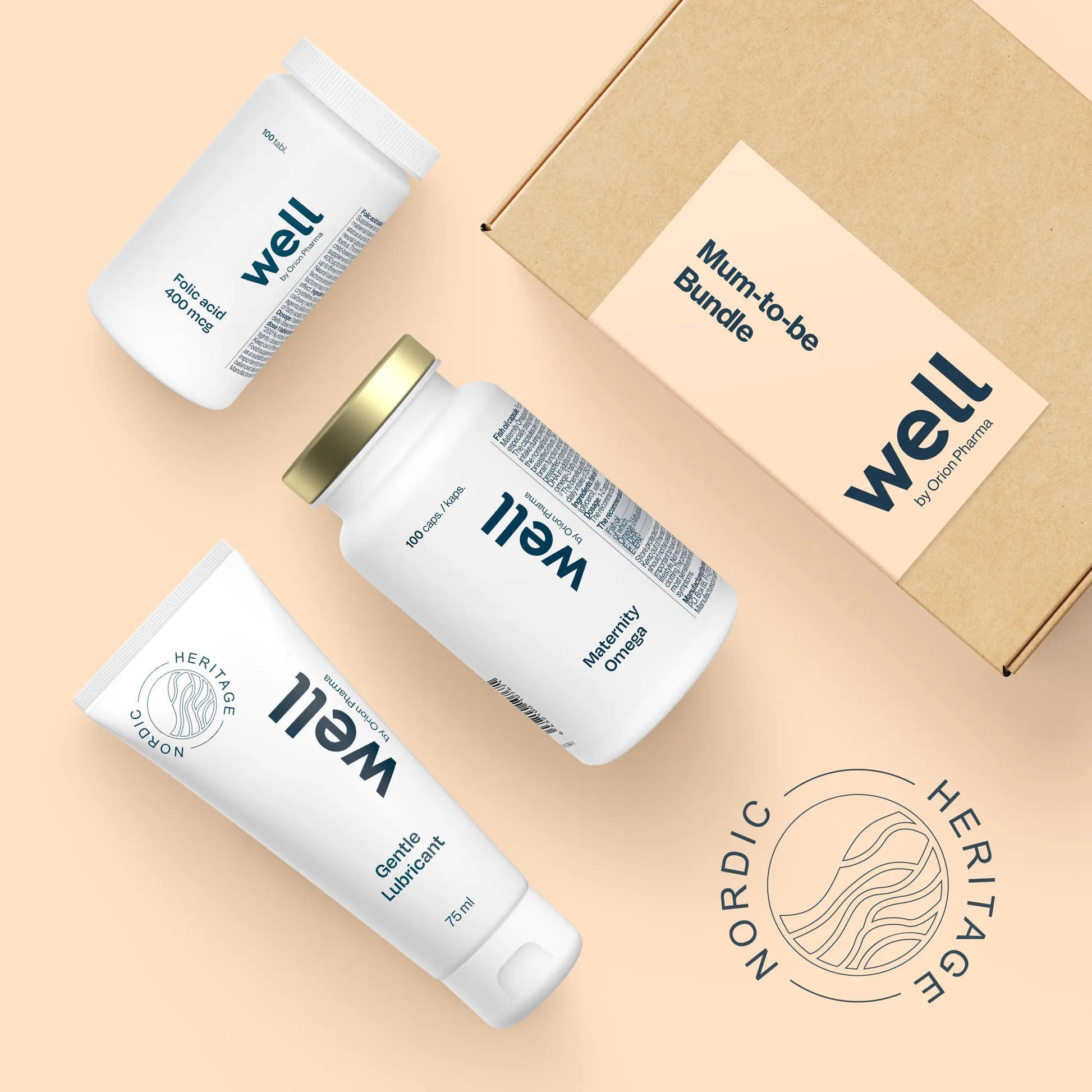 Well by Orion Pharma products including a bottle and two tubes on a beige background with a branded box.