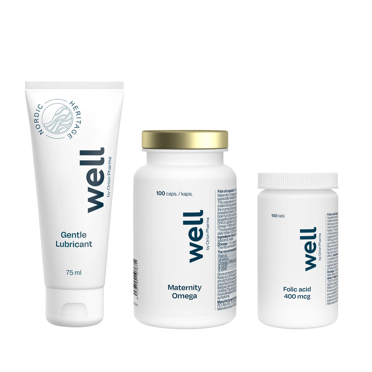 Three 'well' branded products on a white background