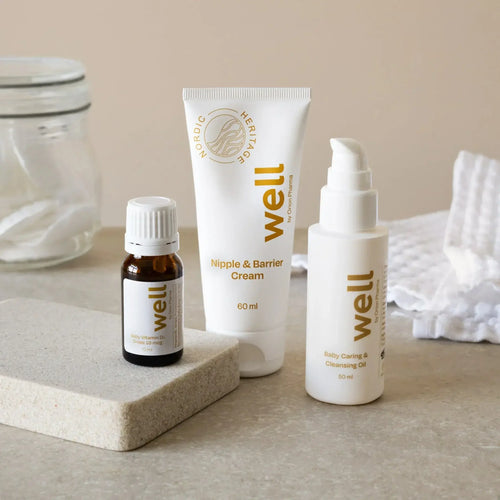 Well by Orion Pharma Baby Care Basics Bundle including Baby Vitamin D3 Drops 10 mcg, Baby Caring & Cleansing Oil 50 ml and Nipple & Barrier Cream 60 ml. 