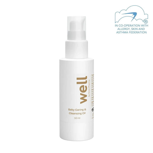 Well by Orion Pharma Baby Caring & Cleansing Oil. Vegansk, doftfri och färgämnesfri.