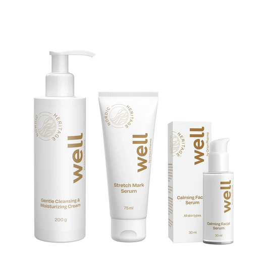 Well by Orion Pharma Mama Bundle innehåller Calming Facial Serum 30 ml, Gentle Cleansing & Moisturizing Cream 200 g och Stretch Mark Serum 75 ml
