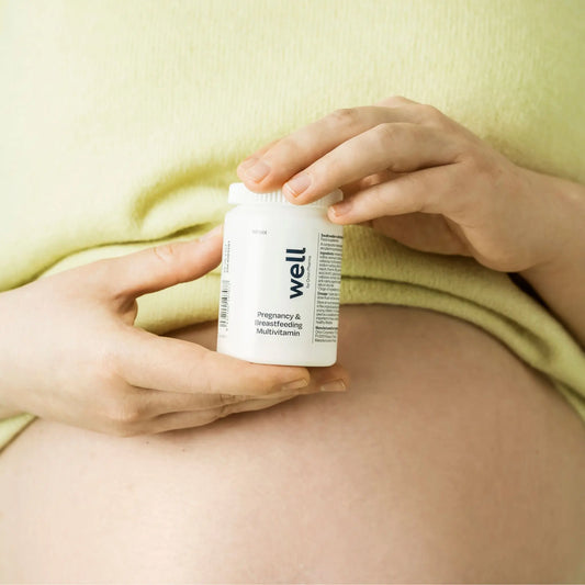 Person holding a Well by Orion Pharma pregnancy supplement container against a yellow background
