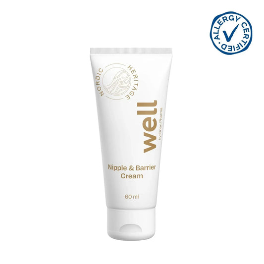 Well by Orion Pharma Nipple & Barrier Cream 60 ml för irriterade bröstvårtor och torr hud. Vegansk och doftfri.