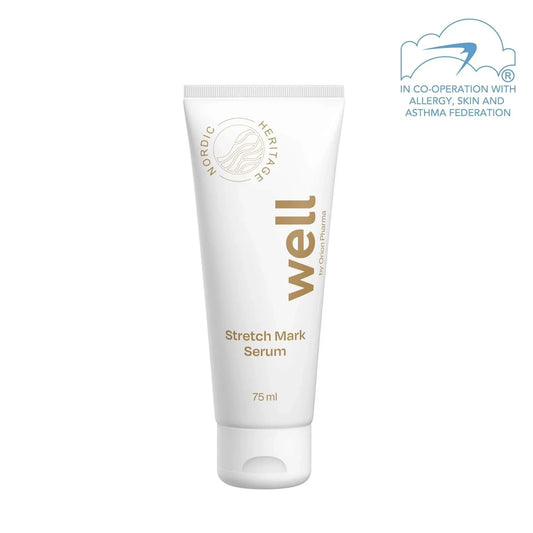 Well by Orion Pharma Stretch Mark Serum 50 ml för att förebygga graviditetsstreck. Utan parfym och färgämnen. Vegan.